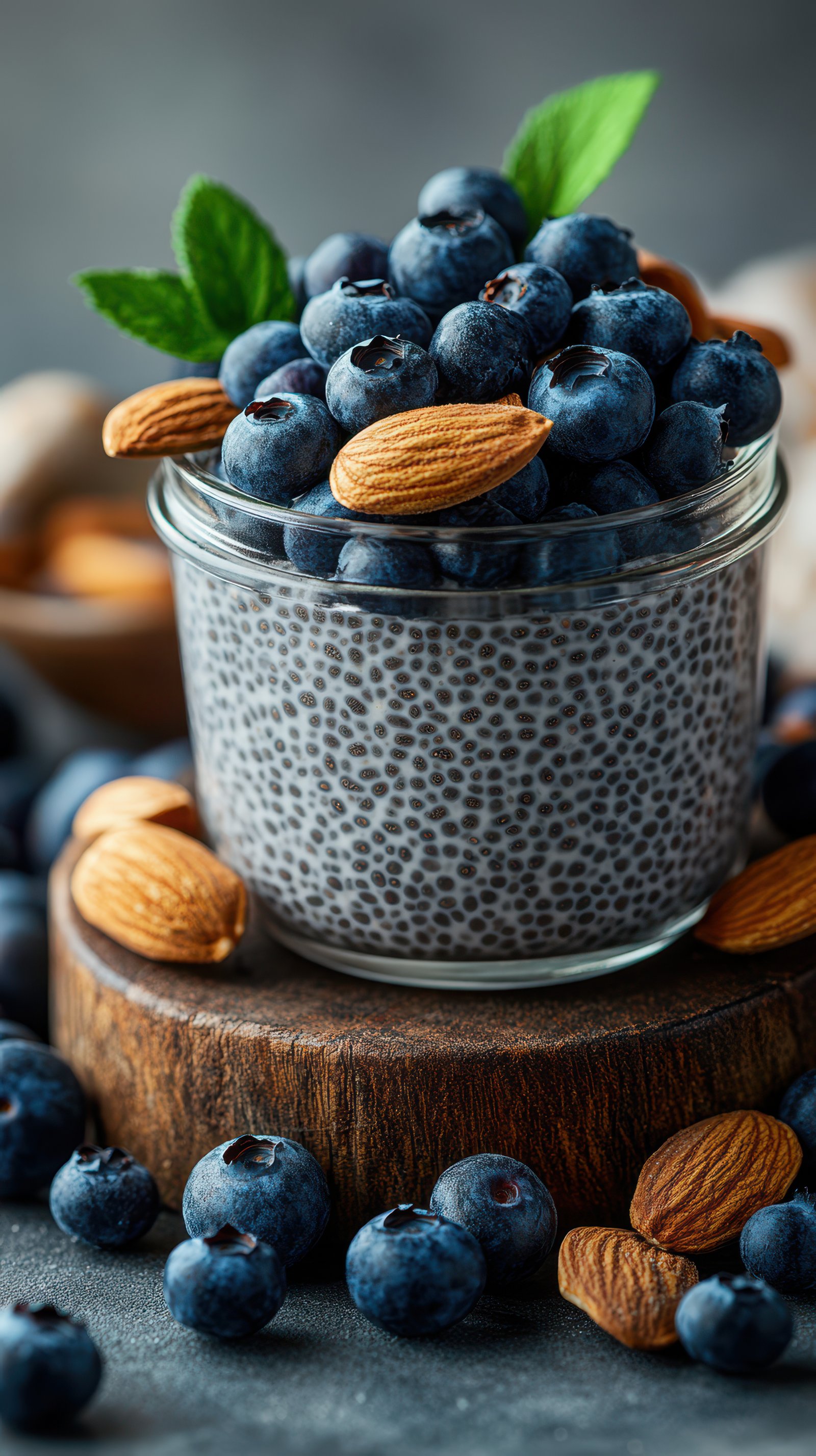 Healthy dessert featuring chia seed pudding topped with fresh blueberries and almonds in a rustic setting